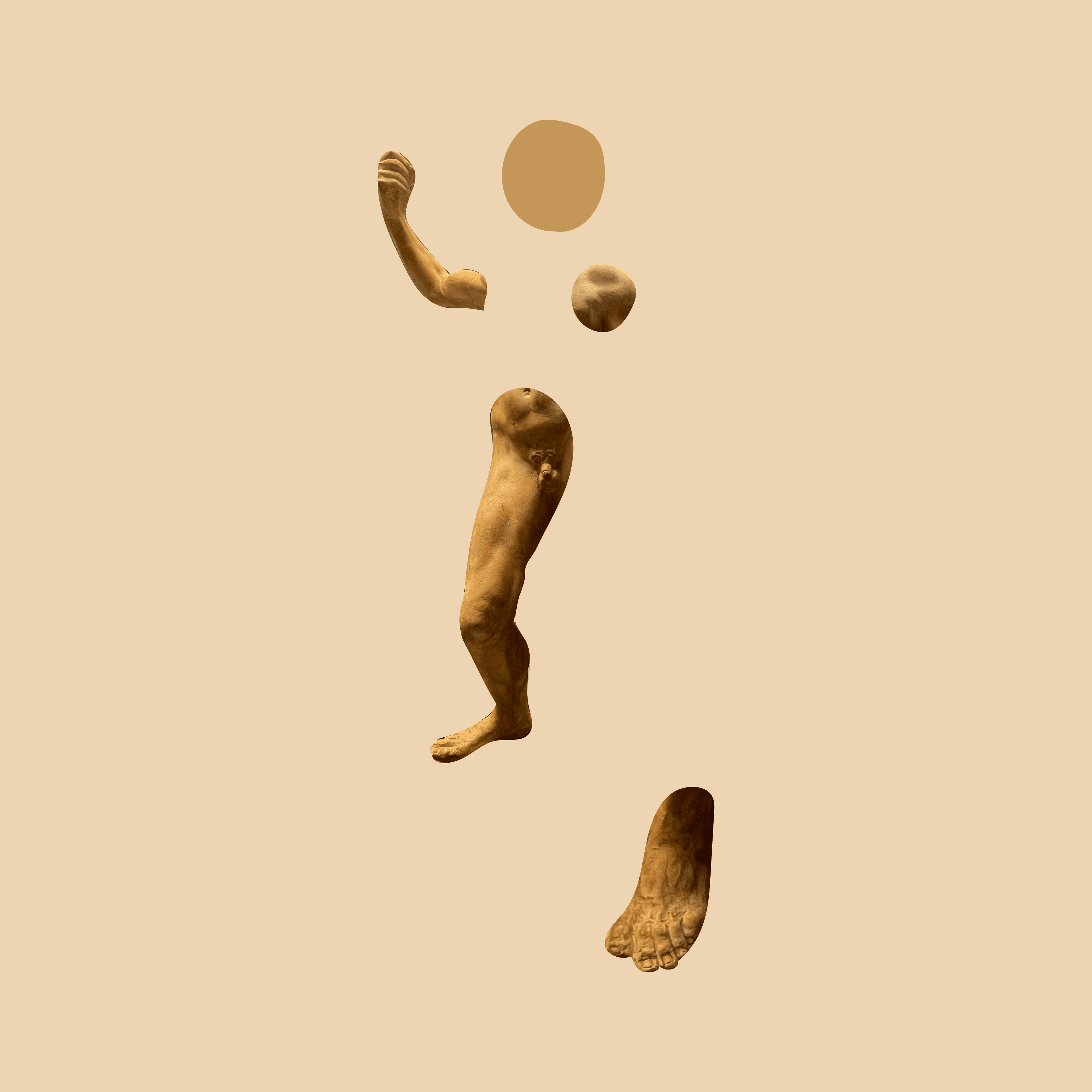 The artwork features disjointed fragments of what appears to be an ancient Roman statue. The background is a solid beige. The fragments include a raised arm, a rounded head, a small portion of a torso, a bent leg, and a separate foot. These pieces are scattered across the canvas, with each part appearing as though it is floating independently. The textures of the fragments mimic those of aged marble or stone, showcasing a detailed and realistic depiction of ancient sculpture.