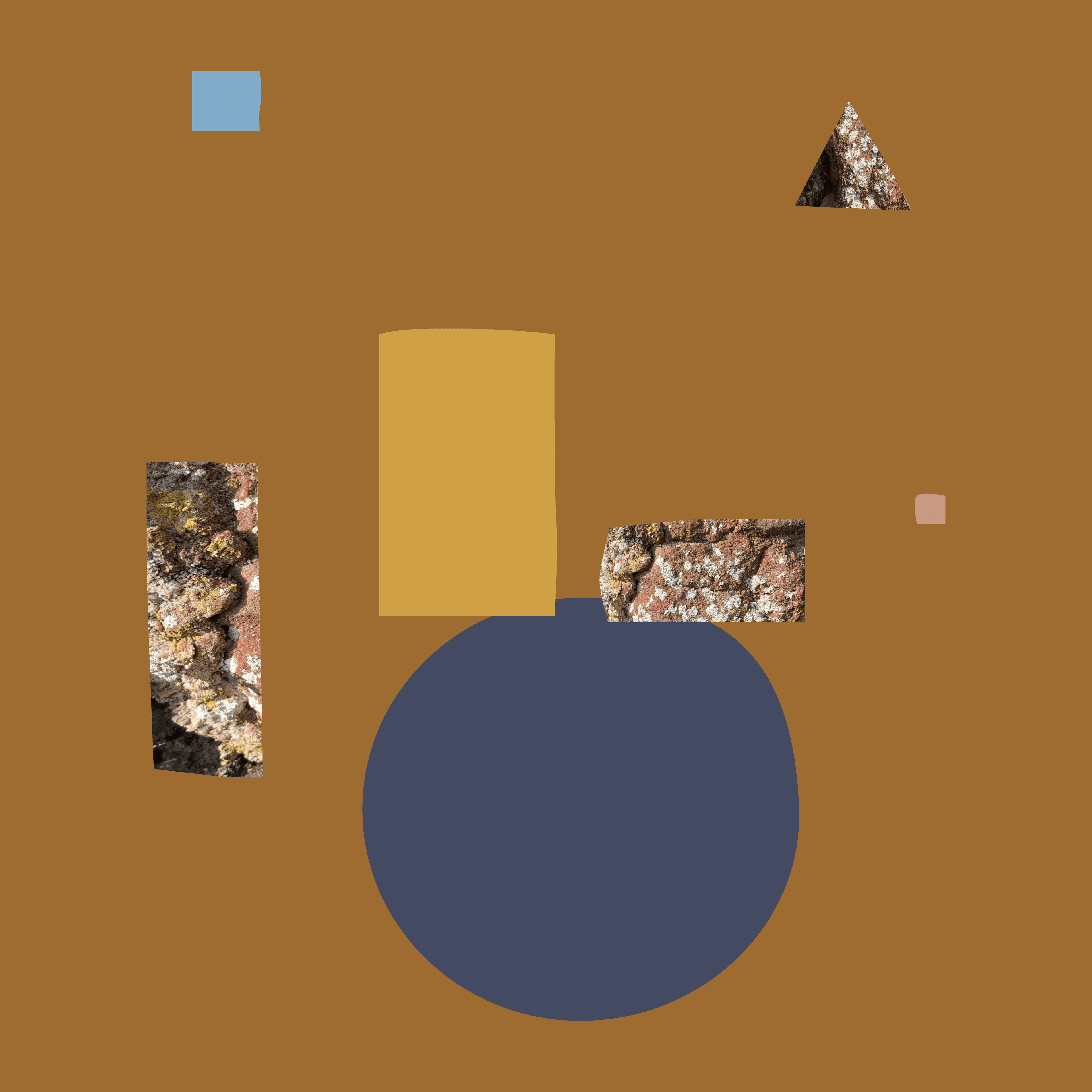 The collage consists of a brown background with various geometric shapes. On the left, there's a vertical rectangular segment of reddish-brown Devonian sandstone with a rough texture and patches of green moss. In the centre, a mustard yellow vertical rectangle sits beside a navy blue circle. Above the circle, a horizontal fragment of sandstone displays a similar rugged texture. In the top right corner, a small triangle also contains a piece of sandstone, matching the textures and colours of the other fragments. A small square in pale pink lies towards the top right, and a blue square is positioned in the upper left.