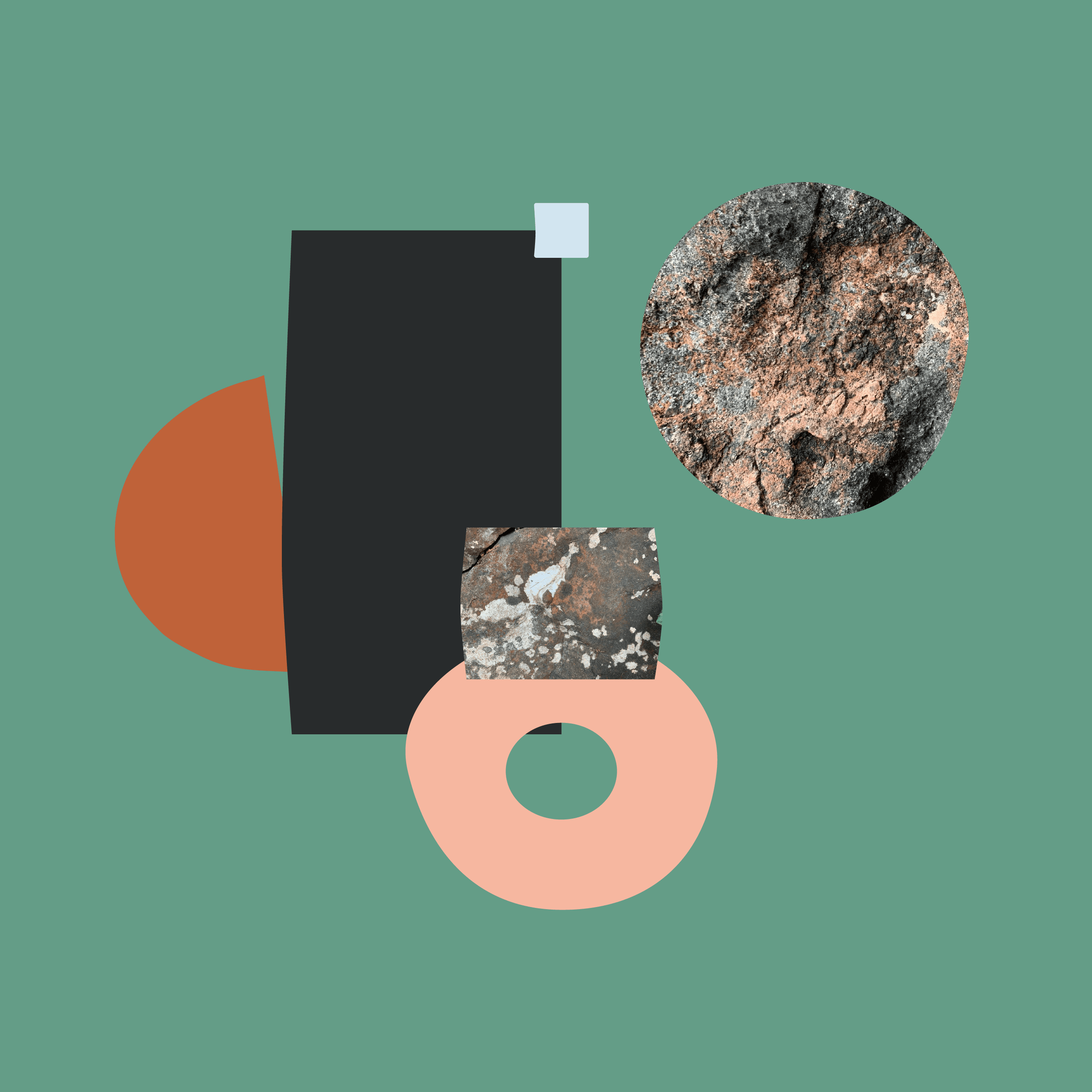 The artwork presents a geometric and abstract composition on a green background. It includes a tilted black rectangle with a small blue square on top, an orange curved shape to its left, and a peach-coloured ring at the bottom. Two rock texture photographs are embedded within the collage: a circular one in the upper right and a rectangular one at the centre bottom.