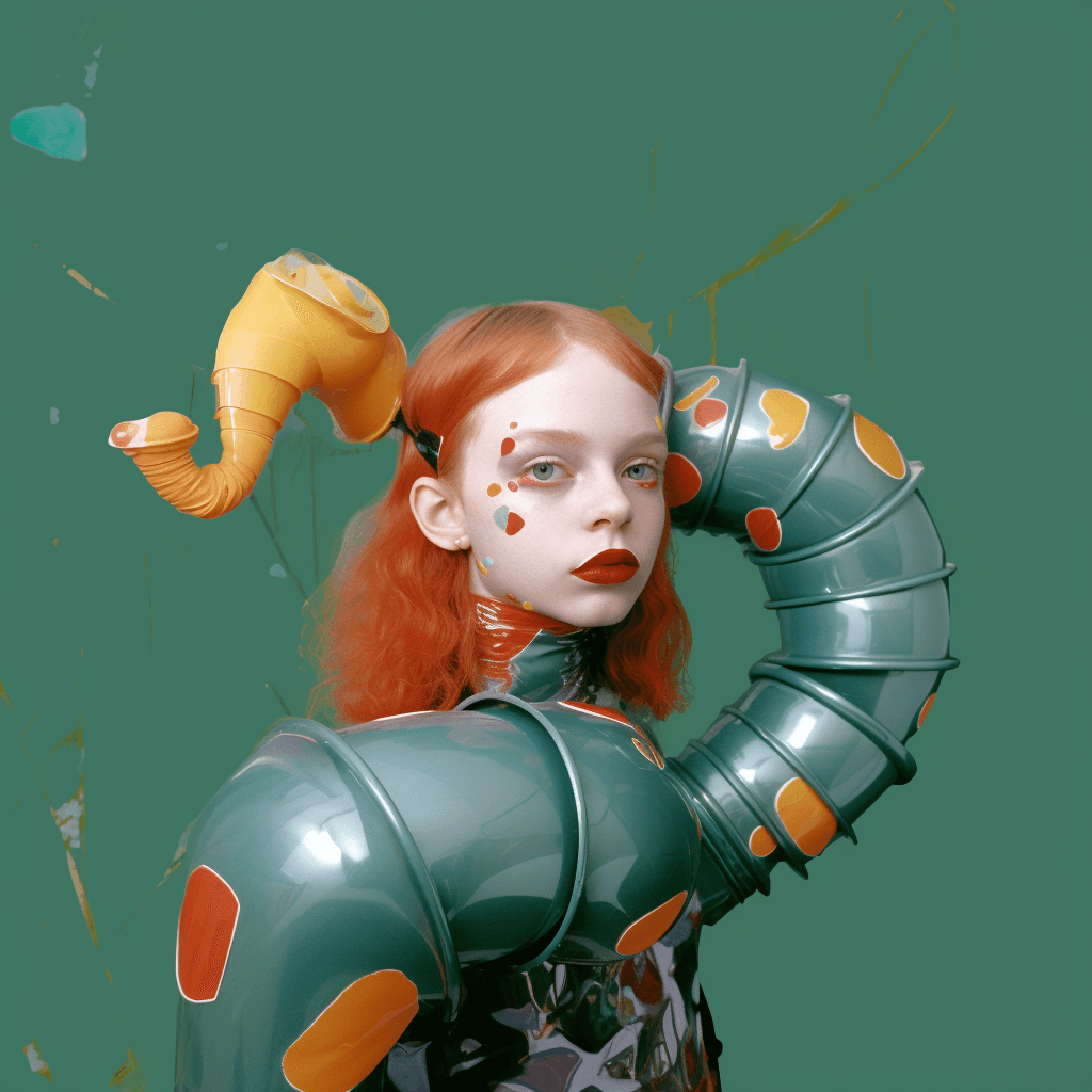 An image shows a young woman with red hair and a pale complexion standing against a green background. She has colourful patches on her face in red, yellow, and green. Her arm is designed as segmented, metallic tubes in grey-green with orange and red patches, resembling a robotic arm. She wears futuristic, reflective clothing.