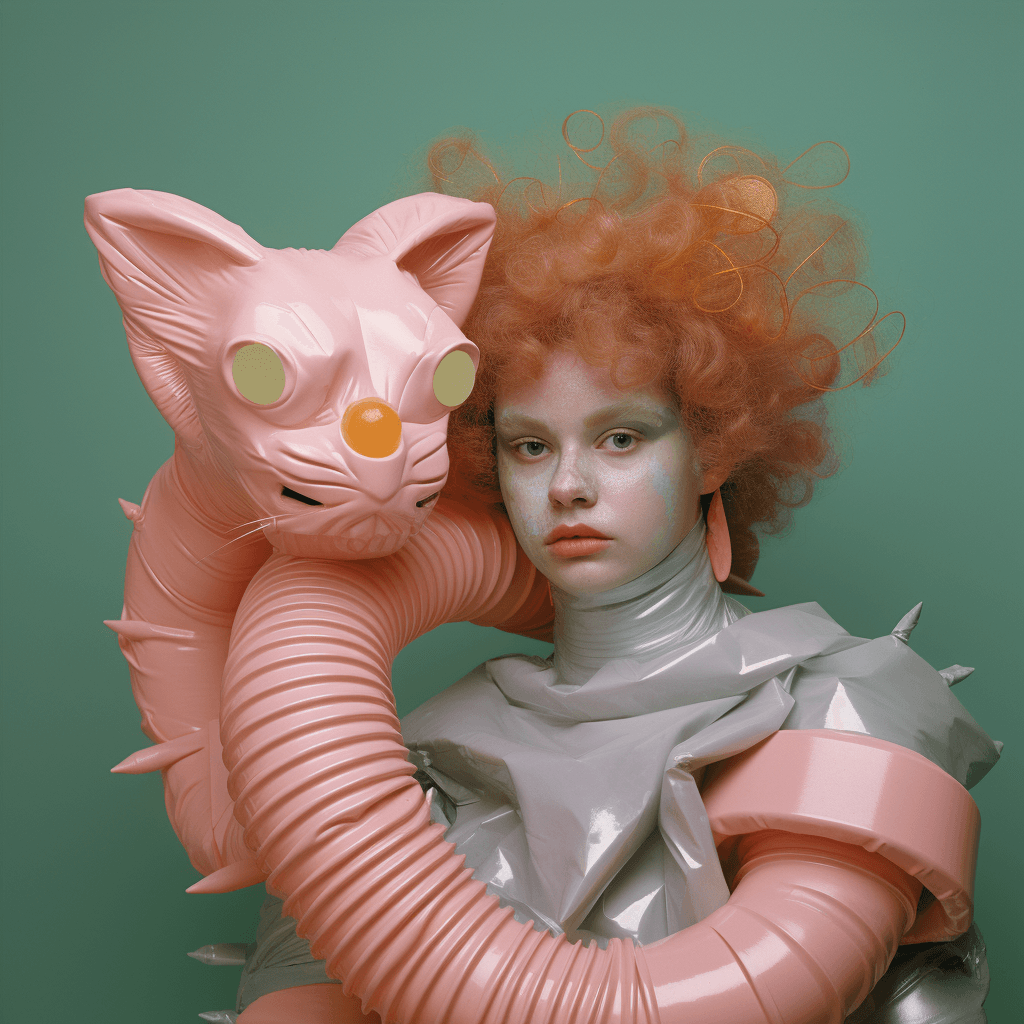 A young person with curly orange hair stands in front of a muted green background. They have white face paint and a neutral expression. They are wrapped in the body of a large, pink, inflatable cat with a round orange nose and large circular eyes. The cat has an accordion-like, flexible body that wraps around the person’s shoulders. The person is wearing a shiny, grey, crinkled outfit that covers their neck.